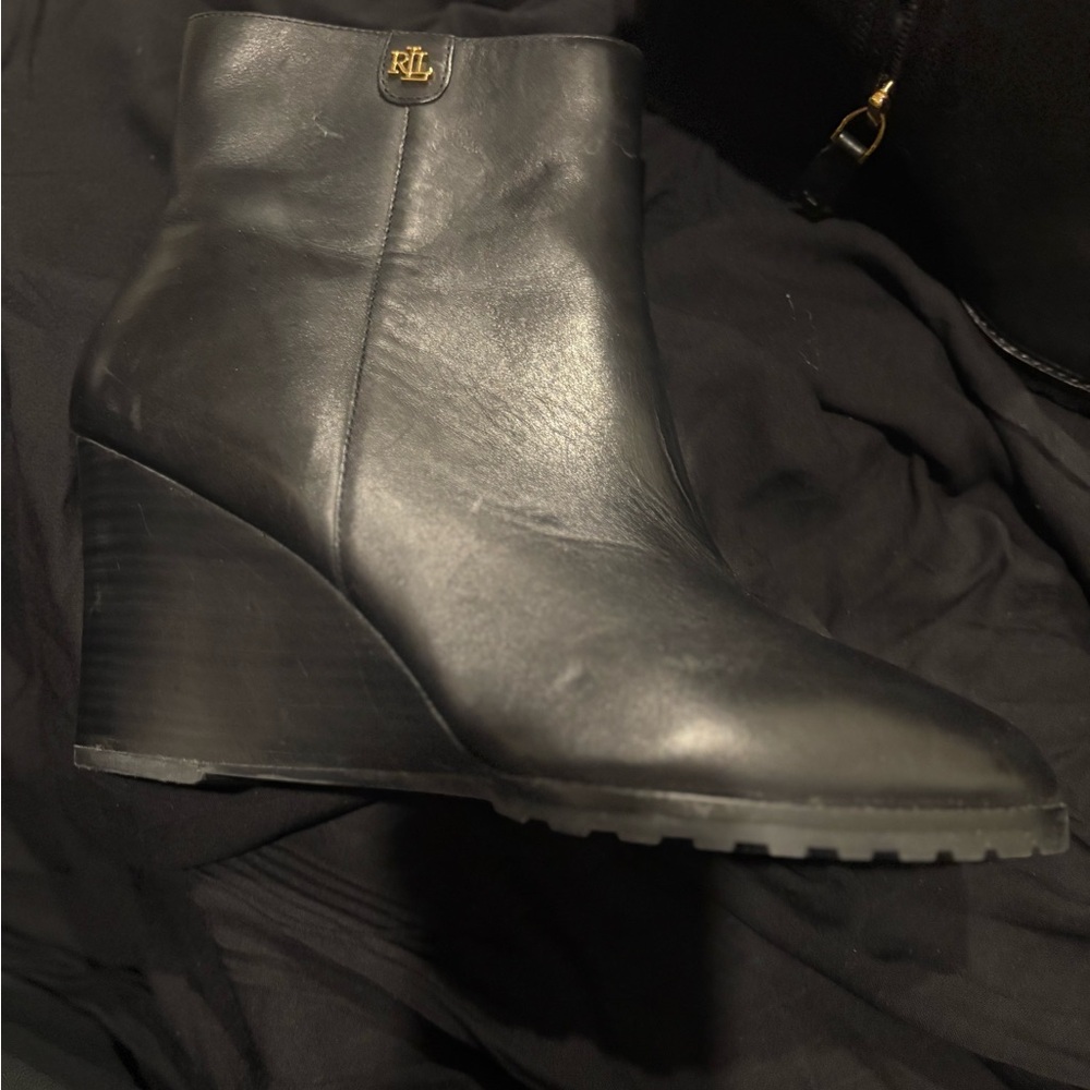 Ralph Lauren Black Leather Wedge Ankle Booties with RL Medallion